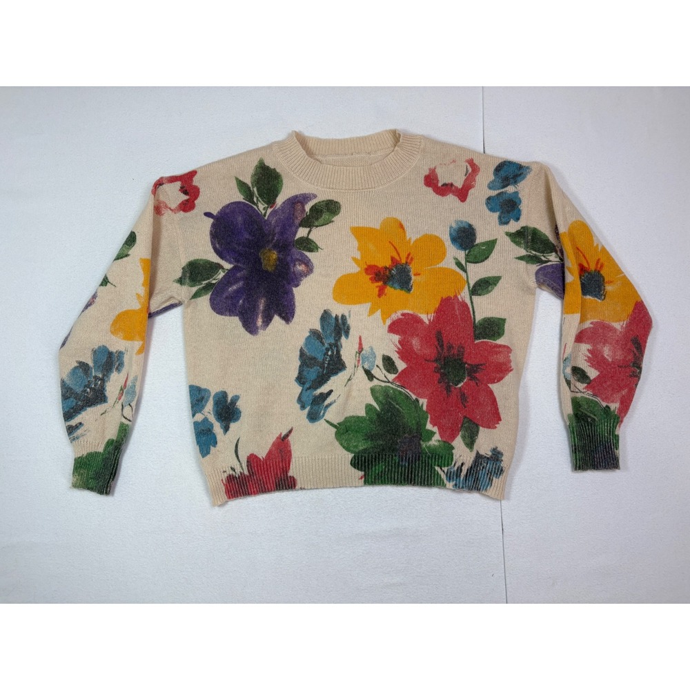 Womens XL Floral Print Crewneck Sweater Beige Multicolor Long Sleeve Knit Top
